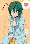  androgynous antennae bifrst earrings green_hair heart highres honey jewelry licking pajamas patterned_background red_eyes reverse_trap short_hair solo touhou wings wriggle_nightbug 