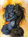  anisis anthro blue_eyes breasts canine couple duo female fluffy hug looking_at_viewer lying male mammal navel wolf 