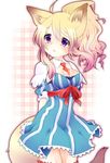  :&lt; animal_ear_fluff animal_ears arms_behind_back between_breasts blonde_hair body_blush breasts checkered checkered_background cleavage detached_collar dress fantasy_earth_zero fox_ears fox_tail gradient_hair long_hair medium_breasts mofuaki multicolored_hair necktie pink_hair ponytail purple_eyes ribbon sidelocks solo striped tail vertical_stripes 