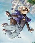  blonde_hair building clothing fall falling ferret hair iskra jumping male marcel_the_ferret mustelid pawpads shirt ​​city 