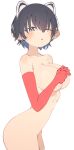  1girl ;o black_hair blue_archive blue_eyes blush breasts collarbone extra_ears highres large_breasts looking_at_viewer nude one_eye_closed rasusurasu short_hair simple_background solo standing tsubaki_(blue_archive) white_background 