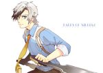  1boy blue_eyes copyright_name ludgar_will_kresnik ludger_will_kresnik multicolored_hair necktie pants short_hair tales_of_(series) tales_of_xillia tales_of_xillia_2 title_drop weapon 