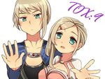  1boy 1girl blue_eyes blush breasts brother_and_sister brown_hair droselle_schall hoshihuri klein_schall long_hair open_mouth short_hair siblings tales_of_(series) tales_of_xillia 