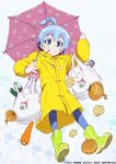  ahoge blue_eyes blue_hair blue_legwear blush carrot eating food looking_at_viewer medaka_box onion pantyhose pocky raincoat shinagawa_hiroki shiranui_hansode short_hair smile solo umbrella 