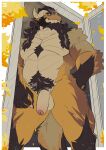 2024 absurd_res anthro autumn balls beard body_hair chest_hair digital_drawing_(artwork) digital_media_(artwork) dragon eyes_closed eyewear facial_hair flaccid foreskin fur furred_dragon furred_scalie genitals glasses hi_res horn humanoid_genitalia humanoid_penis lomlynx low-angle_view male mature_male musclegut muscular muscular_anthro muscular_male mythological_creature mythological_scalie mythology nude orange_body orange_fur pecs penis pubes scalie solo tail watermark yellow_leaves