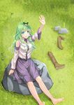  barefoot blush boots breasts detached_sleeves frog_hair_ornament grass green_eyes green_hair hair_ornament hair_tubes kochiya_sanae long_hair medium_breasts meet open_mouth rock shoes_removed skirt smile snake solo touhou 