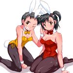  animal_ears black_hair bow bowtie breasts brown_eyes bunny_ears bunny_tail bunnysuit character_request cleavage detached_collar hanza_sky medium_breasts multiple_girls pantyhose short_hair side_ponytail sitting small_breasts tail takashi_(sgcm-pk-sk) wariza wrist_cuffs 