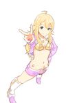  ahoge belly_chain bikini_top blonde_hair boots breasts cleavage drawr foreshortening from_above green_eyes hand_on_hip hoshii_miki idolmaster idolmaster_(classic) jewelry long_hair looking_at_viewer midriff navel necklace pantyhose pink_diamond_765 q_(ed69) short_shorts shorts simple_background small_breasts smile solo v white_background 