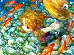  blonde_hair brown_eyes bubble fish hat hat_removed headwear_removed koi moriya_suwako ryuushiro short_hair solo touhou underwater 