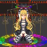  &gt;:) armpits arms_up blonde_hair bound bound_wrists breasts chain cleavage gmot highres hijiri_byakuren kneeling large_breasts long_hair looking_at_viewer navel restrained shakujou siddham smile solo sorcerer's_sutra_scroll staff thighhighs touhou v-shaped_eyebrows very_long_hair yellow_eyes 