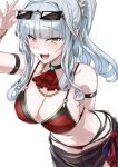  1girl adjusting_eyewear bare_shoulders bikini black_choker black_sarong breasts carmilla_(fate) carmilla_(summertime_mistress)_(fate) choker cleavage cow eyewear_on_head fate/grand_order fate_(series) fue_(rhomphair) grey_hair highres large_breasts long_hair looking_at_viewer navel open_mouth ponytail red_bikini sarong solo stomach swimsuit yellow_eyes 