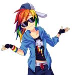  baseball_cap bracelet fingerless_gloves flat_chest gloves hat hood hoodie jewelry looking_at_viewer messy_hair multicolored_hair my_little_pony my_little_pony_friendship_is_magic pants personification rainbow_dash rainbow_hair raised_eyebrow shrug sleeves_pushed_up solo sunglasses sweatband sweatpants sweatshirt zipper 