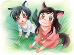  1girl ame_(ookami_kodomo) animal_ears barefoot brown_eyes flower grass nawoko ookami_kodomo_no_ame_to_yuki open_mouth smile tail yuki_(ookami_kodomo) 