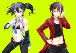  bad_id bad_pixiv_id belt blue_eyes blue_neckwear heterochromia highres multiple_girls navel necktie panties red_eyes rook_(utau) simple_background toudou_charo underwear utau yokune_ruko 