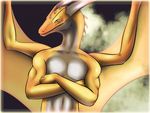  cross-arms dragon horn male rafflone scalie solo standing topless wings yellow_eyes yellow_theme 