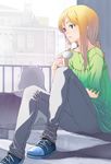  alicia_florence aria aria_pokoteng blonde_hair blue_eyes braid casual cup hirokiku long_hair parted_lips shoes sitting sneakers teacup 