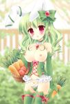  :d animal_ears bad_id bad_pixiv_id blush bow breasts bunny_ears carrot choker corset elbow_gloves gloves green_gloves green_hair green_legwear hair_bow highres holding kouta. large_breasts long_hair looking_at_viewer open_mouth original red_eyes smile solo thighhighs tomato 
