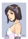  1girl bare_shoulders border breasts brown_eyes brown_hair closed_mouth commentary english_commentary felia_hanakata final_fantasy final_fantasy_ix from_side garnet_til_alexandros_xvii grey_background highres outside_border short_hair simple_background smile solo tiara white_border 