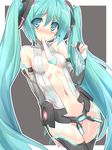  aqua_eyes aqua_hair bare_shoulders blush bridal_gauntlets center_opening eeeeee hatsune_miku hatsune_miku_(append) highres holding holding_panties long_hair mouth_hold navel necktie no_panties panties solo striped striped_panties tears thighhighs twintails underwear very_long_hair vocaloid vocaloid_append 
