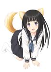  all_fours animal_ears bangs black_hair blunt_bangs chitanda_eru dog_ears dog_tail hyouka kemonomimi_mode kuro_(chrono) long_hair looking_at_viewer open_mouth purple_eyes school_uniform serafuku simple_background smile socks solo tail white_background 