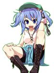  :d bike_shorts blue_eyes blue_hair boots clothes_around_waist cross-laced_footwear fangs gloves hair_bobbles hair_ornament hat holding jacket_around_waist kawashiro_nitori key knee_boots lace-up_boots open_mouth outline shamo_(koumakantv) simple_background single_glove sitting skirt smile solo tank_top touhou two_side_up white_background wrench 