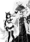  1girl ahri alternate_costume blush braid carnival_phantasm comic enmaided ezreal greyscale league_of_legends long_hair maid makishima_rin monochrome parody pointing suzumiya_haruhi suzumiya_haruhi_no_yuuutsu tail thighhighs 