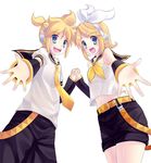  1girl :d abondz blonde_hair blue_eyes brother_and_sister hair_ornament hair_ribbon headphones headset kagamine_len kagamine_rin midriff navel open_mouth outstretched_hand ribbon short_hair siblings smile twins vocaloid 