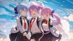  absurdres artist_request blue_hair blue_nails braid choker closed_eyes cloud hair_tie highres hololive hoshimachi_suisei jirai_kei minato_aqua multicolored_hair navel necktie open_mouth pink_hair purple_hair school_uniform side_ponytail skirt sky smile star_(symbol) star_choker startend_(hololive) stomach_piercing tokoyami_towa twintails two-tone_hair virtual_youtuber 