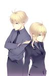 1girl absurdres ahoge arthur_pendragon_(fate) artoria_pendragon_(all) blonde_hair blue_eyes crossed_arms dual_persona fate/prototype fate/zero fate_(series) formal highres liang long_hair necktie pant_suit ponytail saber suit 