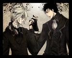  ascot belialchan black_hair blonde_hair border dated eyepatch fay_d_flourite formal gloves holding_hands jacket kurogane_(tsubasa_chronicle) male_focus multiple_boys necktie plant ponytail profile signature tsubasa_chronicle vines watermark web_address 