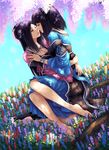  2girls appleseed appleseed_(pixiv) barefoot black_hair chinese_clothes chinese_outfit eyes_closed feet flower hair_ornament long_hair multiple_girls pengnangehao sitting yuri 