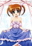  1girl absurdres bare_shoulders blush brown_hair dress highres lyrical_nanoha mahou_shoujo_lyrical_nanoha mahou_shoujo_lyrical_nanoha_a&#039;s mahou_shoujo_lyrical_nanoha_a's mahou_shoujo_lyrical_nanoha_the_movie_2nd_a&#039;s mahou_shoujo_lyrical_nanoha_the_movie_2nd_a's nyantype official_art okuda_yasuhiro purple_eyes scan short_twintails skirt_hold solo takamachi_nanoha twintails 