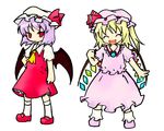  ascot blonde_hair cosplay costume_switch flandre_scarlet flandre_scarlet_(cosplay) miki_(mizuki) multiple_girls purple_hair red_eyes remilia_scarlet remilia_scarlet_(cosplay) simple_background smile touhou white_background wings 