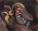  biting brown_background claws closed_eyes commentary commission cranidos extra_mouth full_body gen_3_pokemon gen_4_pokemon glitchedpuppet jumping mawile no_humans open_mouth outstretched_arms pokemon pokemon_(creature) red_eyes signature spread_arms teeth 