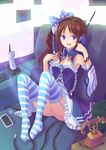  blue_eyes breasts brown_hair cable cellphone cleavage corded_phone cordless_phone garter_straps hairband highres holding looking_at_viewer medium_breasts original phone rotary_phone side_ponytail smile solo striped striped_legwear suikakitsu_shiro thighhighs 