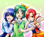  :o aoki_reika blue_eyes blue_hair clothes_around_waist green_eyes green_hair highres hino_akane_(smile_precure!) kiri_koji long_hair midorikawa_nao multiple_girls nanairogaoka_middle_school_uniform necktie ponytail precure red_eyes red_hair school_uniform short_hair sleeves_rolled_up smile smile_precure! sweater sweater_around_waist sweater_vest 