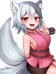  1girl :3 animal_ear_fluff animal_ears arm_behind_back bike_shorts black_shorts blush bracer breasts cowboy_shot fox_ears fox_girl fox_tail grey_hair grey_tail hair_between_eyes highres japanese_clothes kimono kitsu_(mon-musu_quest!) kitsune kuji-in looking_at_viewer medium_breasts mon-musu_quest! monster_girl multiple_tails open_mouth pink_kimono purple_sash raichi_(ddq0246) red_eyes sash short_hair shorts sideboob simple_background sleeveless sleeveless_kimono smile solo tail white_background 