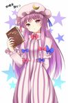  blush book bow crescent dress hair_bow hat head_tilt kamekichi_(kamekiti) long_hair looking_at_viewer patchouli_knowledge purple_eyes purple_hair ribbon solo star striped touhou translated vertical_stripes 