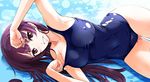  armpits blush breasts collarbone end_card kanoe_yuuko large_breasts long_hair looking_at_viewer non-web_source nylon one-piece_swimsuit purple_eyes purple_hair school_swimsuit screencap smile solo stitched swimsuit tasogare_otome_x_amnesia third-party_edit 