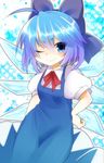  ahoge bad_id bad_pixiv_id blue_eyes blue_hair bow cirno dress hair_bow hand_on_hip mofuaki one_eye_closed pinafore_dress short_hair smile solo touhou wings 