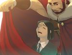  beard black_hair cape crying facial_hair fate/zero fate_(series) hiiro_5-sai male_focus multiple_boys red_eyes red_hair rider_(fate/zero) size_difference tears waver_velvet 