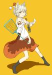  :&lt; animal_ears bare_shoulders can detached_sleeves dog_ears flyswatter hat hat_removed headwear_removed highres holding inubashiri_momiji kawashina_(momen_silicon) racket red_eyes silver_hair solo spray_can tears tokin_hat touhou wolf_ears yellow_background 