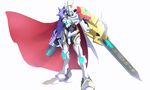  armor blue_eyes cape claws digimon digimon_x-evolution glowing glowing_eyes horns lauqe mecha no_humans omegamon_x solo spikes sword weapon 