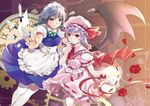  apron bad_id bad_pixiv_id bat_wings flower hat izayoi_sakuya knife maid multiple_girls orange_eyes outstretched_arm pocket_watch remilia_scarlet ribbon rose short_hair short_sleeves skirt skirt_set thighhighs touhou unya_(unya-unya) watch white_legwear wings wrist_cuffs 