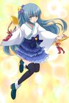  :o aqua_eyes black_legwear blue_hair blush cymbals heart holding instrument kneehighs long_hair naname_(danbooru_maker) original solo thighhighs 