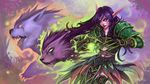  armor bear cat claws elf feathers fire green_fire highres jimaoxiaodi long_hair night_elf pointy_ears purple_hair purple_skin warcraft world_of_warcraft 