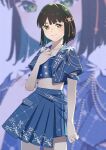  1girl =love absurdres arm_at_side be_selfish_(=love) black_hair blue_background blue_jacket blue_overskirt blue_shirt blue_shorts blunt_bangs blunt_ends blurry blurry_background closed_mouth collarbone commentary cosplay cowboy_shot english_commentary flower flower_knot fujiwaland green_eyes hair_flower hair_ornament hand_on_own_chest highres jacket jewelry link!_like!_love_live! love_live! midriff momose_ginko necklace overskirt puffy_short_sleeves puffy_sleeves shirt short-sleeved_jacket short_hair short_sleeves shorts smile solo split_mouth virtual_youtuber zoom_layer 