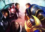  armor axe brown_hair darius_(league_of_legends) donarudo garen_crownguard highres league_of_legends male_focus multiple_boys muscle rivalry short_hair sword teeth weapon 