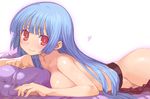  bed_sheet belt blue_hair blush breasts groin heart hime_cut kula_diamond long_hair looking_at_viewer lying medium_breasts naked_belt nude on_stomach pillow red_eyes shunin smile solo the_king_of_fighters 