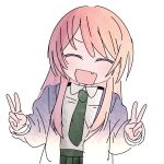  1girl ^_^ bang_dream! bang_dream!_it's_mygo!!!!! chihaya_anon closed_eyes commentary cowboy_shot double_v fang green_necktie green_skirt grey_jacket haneoka_school_uniform highres jacket long_hair long_sleeves necktie open_mouth peke_(pekeiscat) pink_hair pleated_skirt school_uniform shirt simple_background skirt solo v white_background white_shirt 
